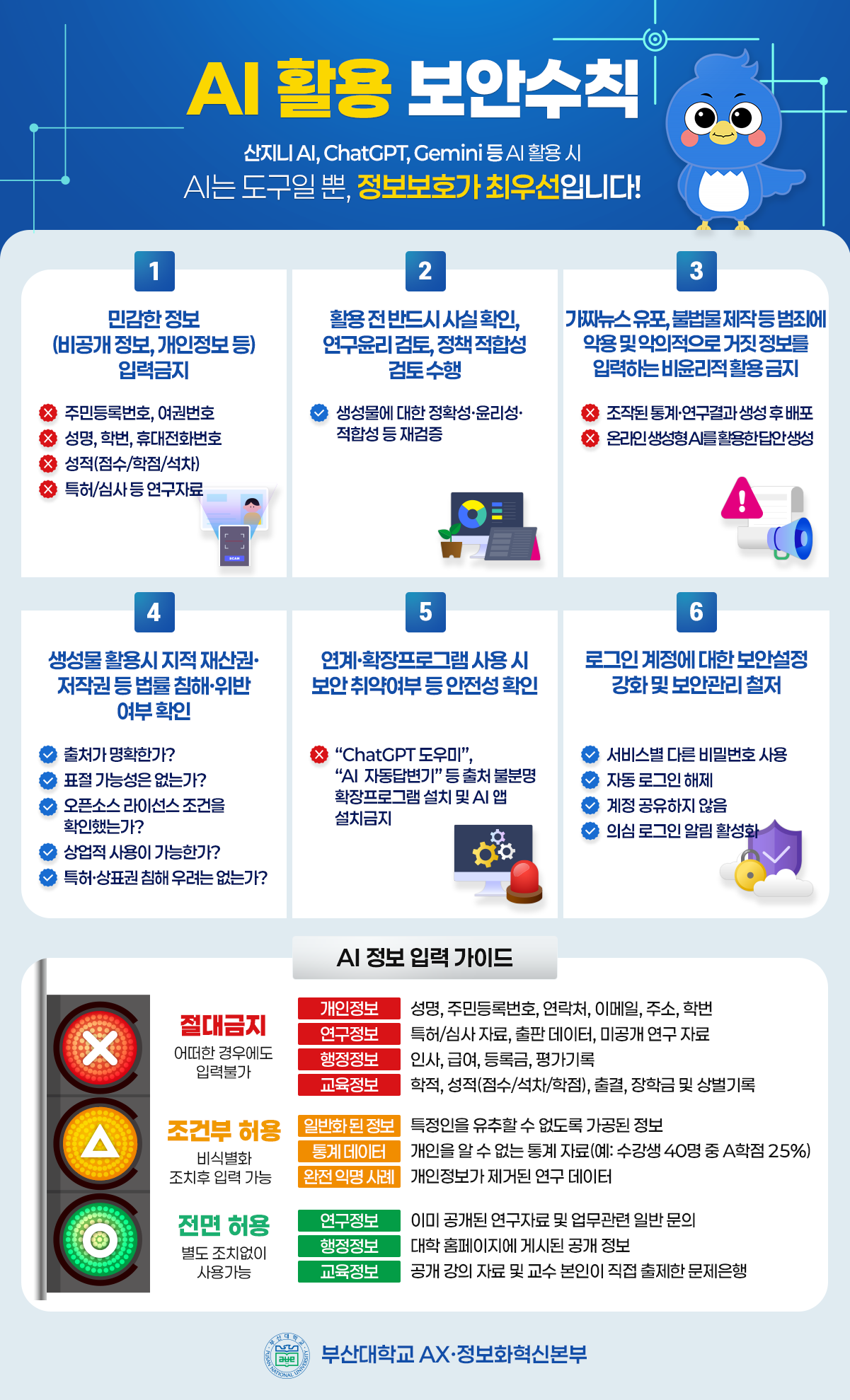 AI 활용 보안수칙 산지니 AI, ChatGPT, Gemini 등 AI활용 시 AI는 도구일 뿐, 정보보호가 최우선입니다.